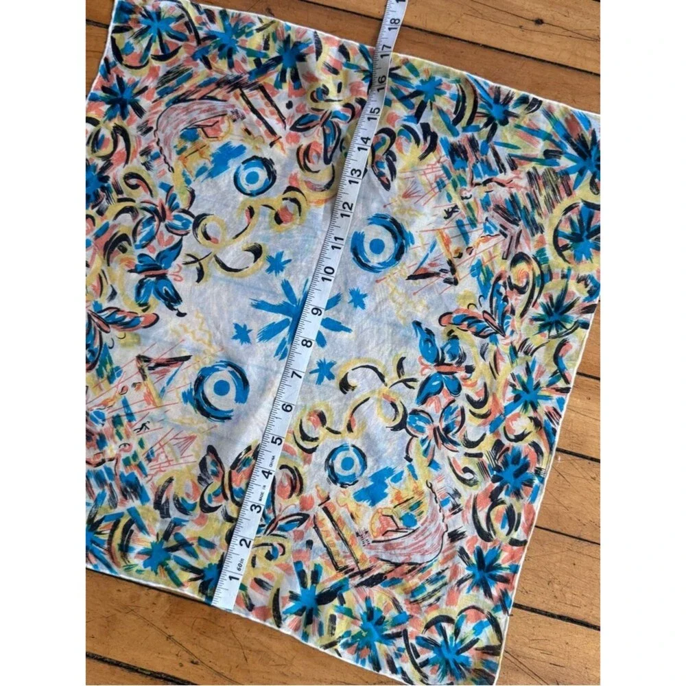 Vintage Japanese beach water painted scene Silk Scarf  blue white yellow boat
